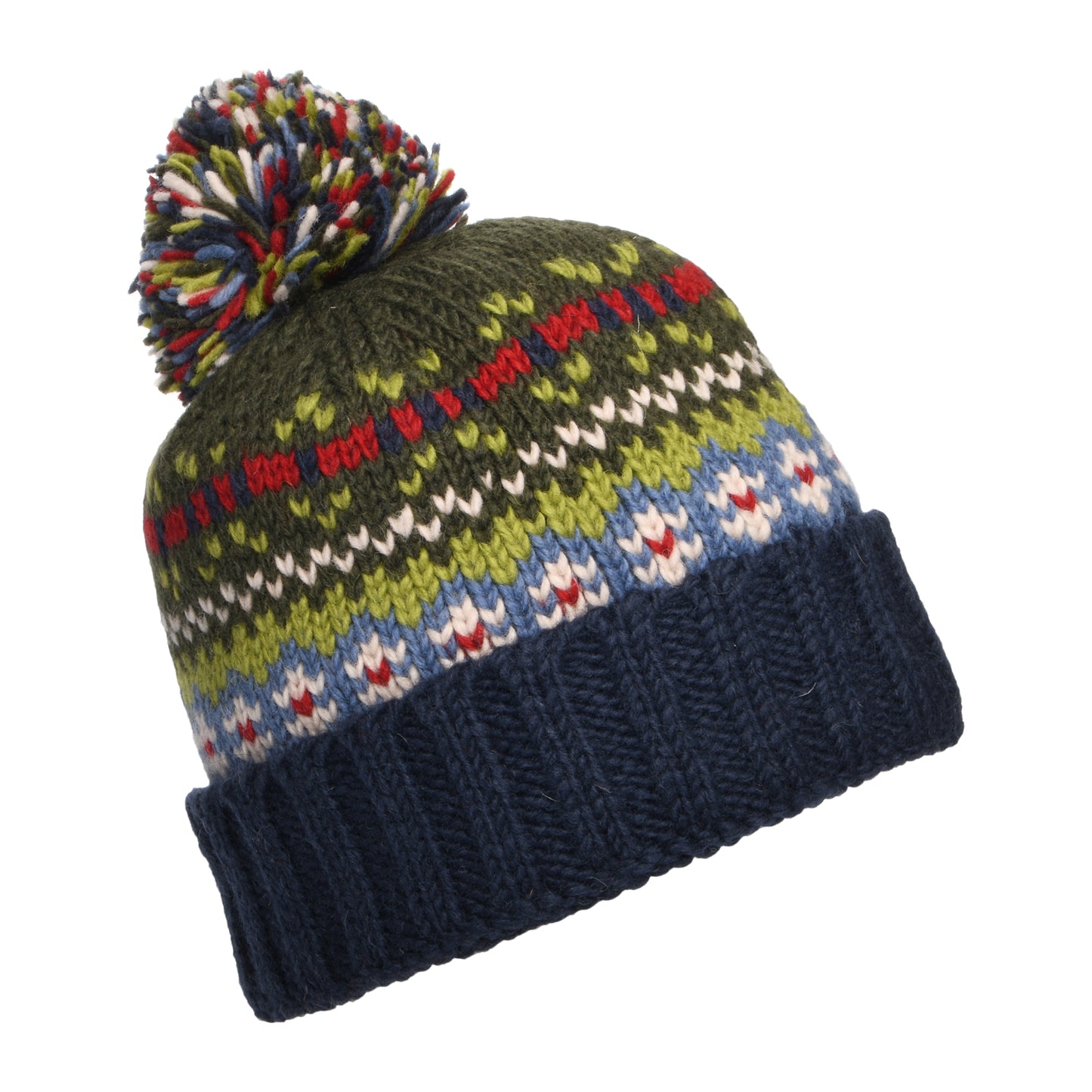 Kusan Mosaic Fair Isle Bobble Hat - Blue-Green