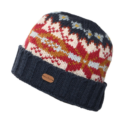 Kusan Snowflake Turn Up Beanie Hat - Blue-Mustard