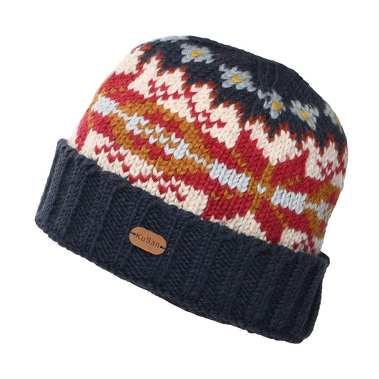 Kusan Snowflake Turn Up Beanie Hat - Blue-Mustard