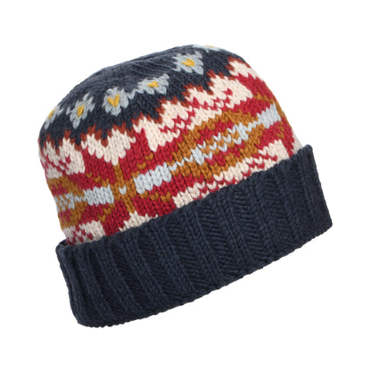 Kusan Snowflake Turn Up Beanie Hat - Blue-Mustard