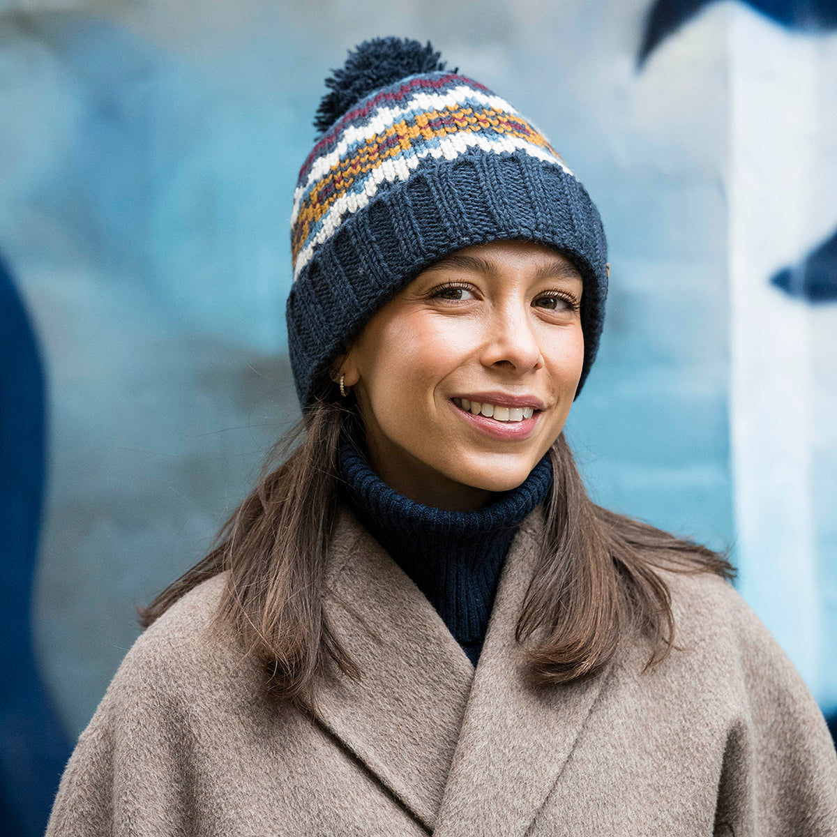 Kusan Fair Isle Cuffed Bobble Hat - Navy-Multi