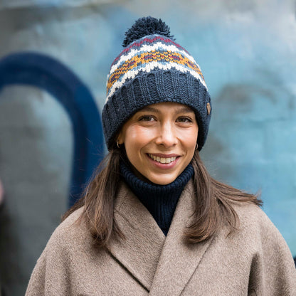 Kusan Fair Isle Cuffed Bobble Hat - Navy-Multi