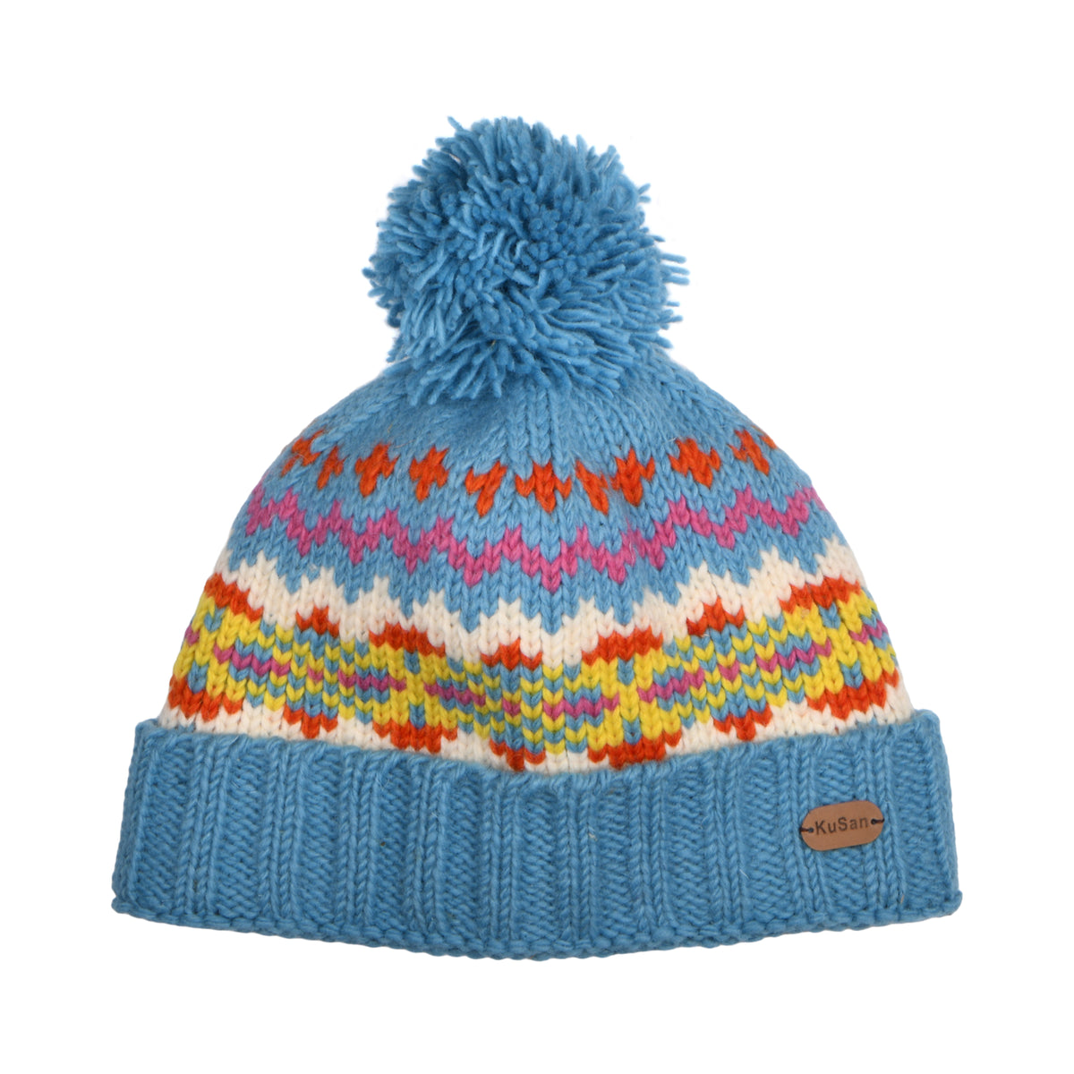 Kusan Fair Isle Cuffed Bobble Hat - Sky Blue-Multi