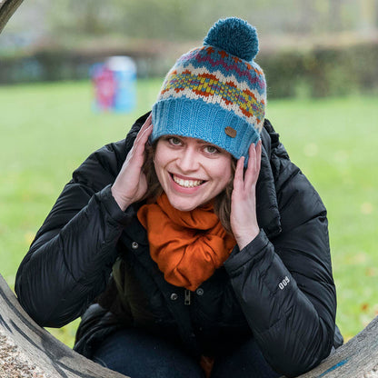 Kusan Fair Isle Cuffed Bobble Hat - Sky Blue-Multi