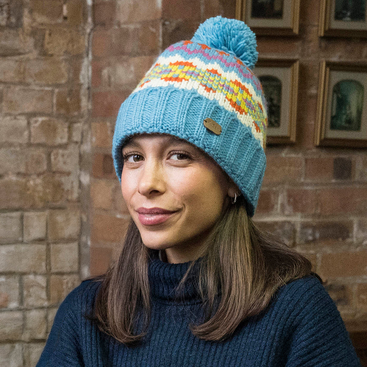 Kusan Fair Isle Cuffed Bobble Hat - Sky Blue-Multi