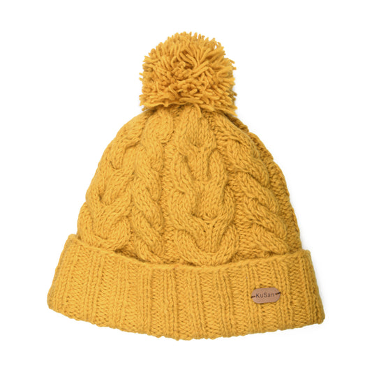 Kusan Cable Knit Turn Up Bobble Hat - Mustard