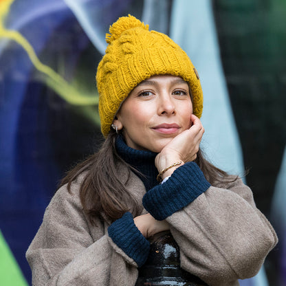 Kusan Cable Knit Turn Up Bobble Hat - Mustard