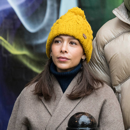 Kusan Cable Knit Turn Up Bobble Hat - Mustard