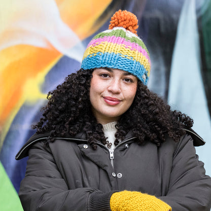 Kusan Rainbow Moss Stitch Yarn Bobble Hat - Orange-Multi