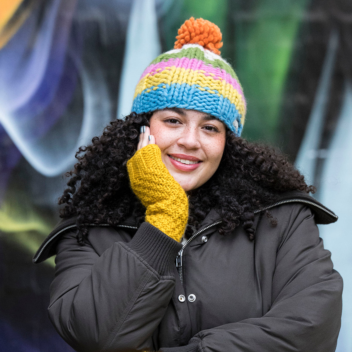 Kusan Rainbow Moss Stitch Yarn Bobble Hat - Orange-Multi
