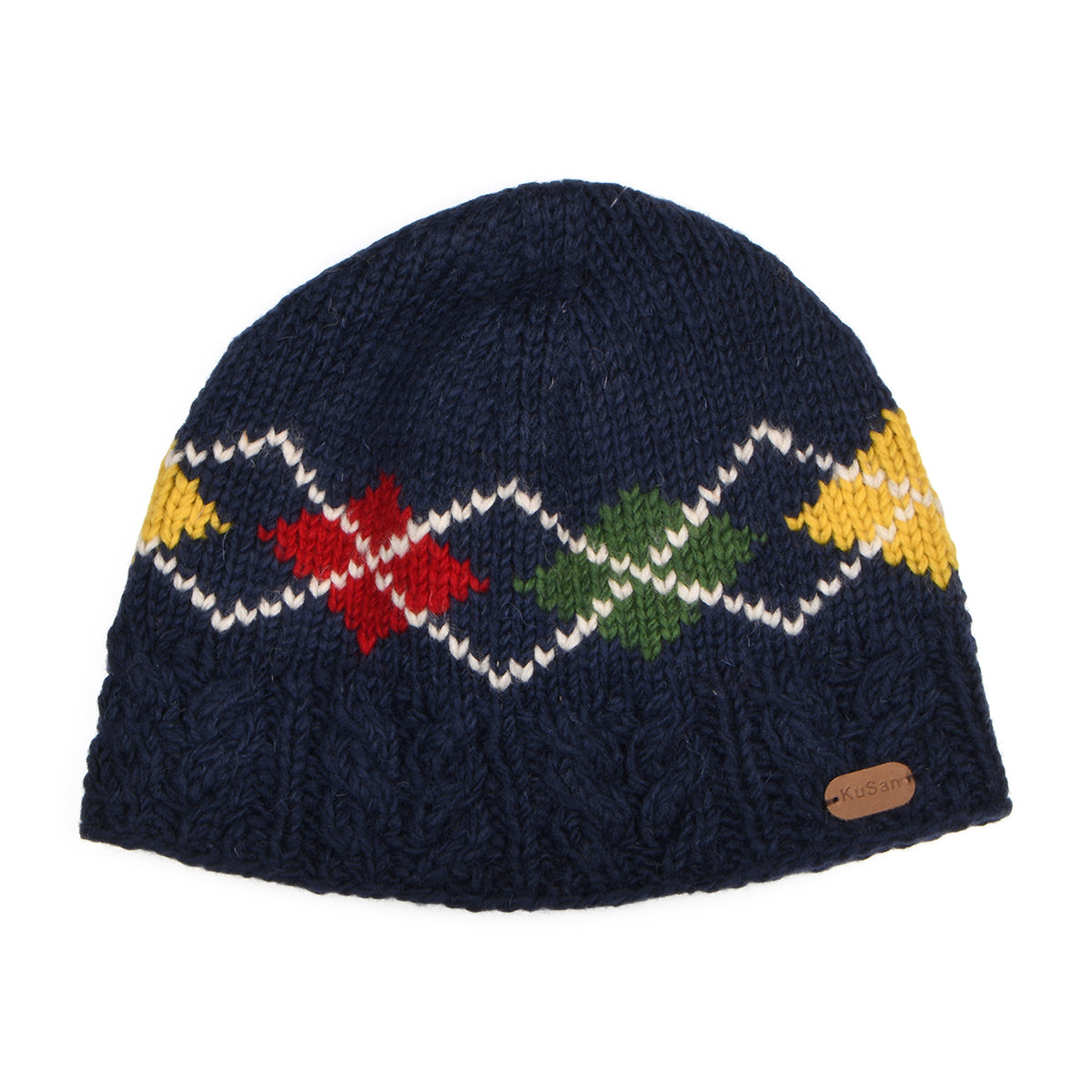 Kusan Lozenge Cable Knit Beanie Hat - Navy Blue