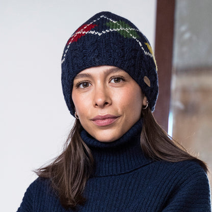 Kusan Lozenge Cable Knit Beanie Hat - Navy Blue
