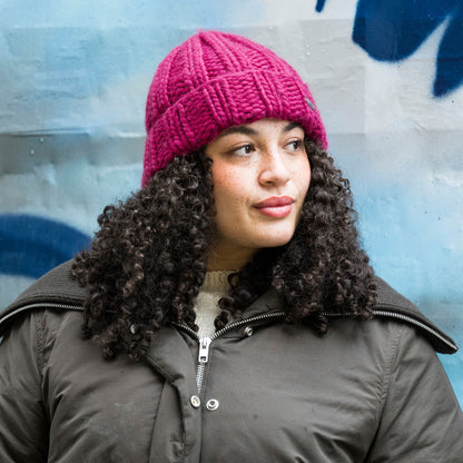 Kusan Thick Rib Turn Up Beanie Hat - Magenta