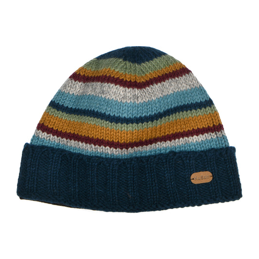 Kusan Striped Turn Up Beanie Hat - Teal-Multi