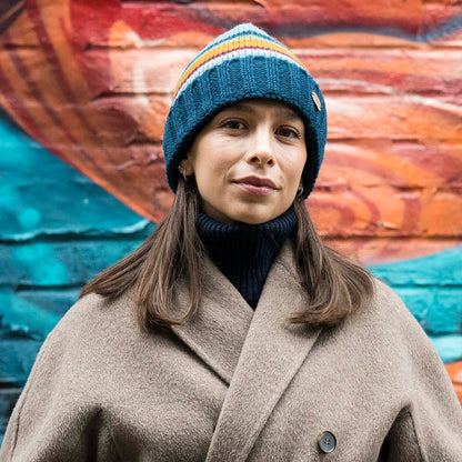 Kusan Striped Turn Up Beanie Hat - Teal-Multi