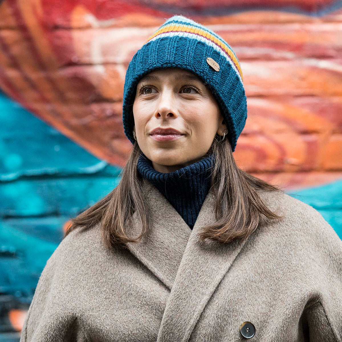 Kusan Striped Turn Up Beanie Hat - Teal-Multi