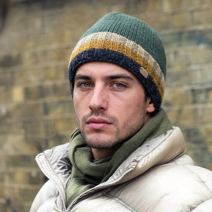 Kusan Hi Rib Beanie Hat - Green-Camel