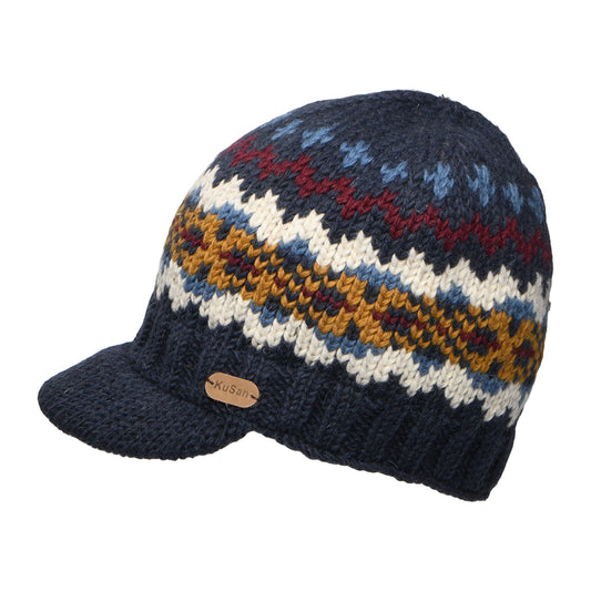 Kusan Brooklyn Fair Isle Peaked Beanie Hat - Navy-Multi