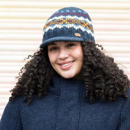 Kusan Brooklyn Fair Isle Peaked Beanie Hat - Navy-Multi