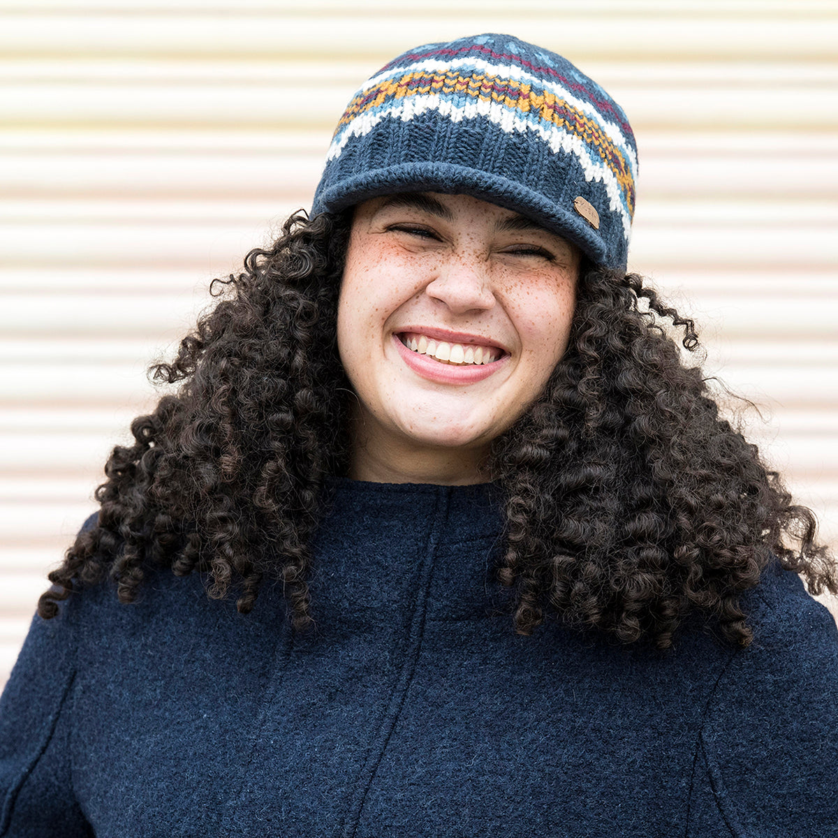 Kusan Brooklyn Fair Isle Peaked Beanie Hat - Navy-Multi