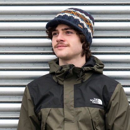 Kusan Brooklyn Fair Isle Peaked Beanie Hat - Navy-Multi