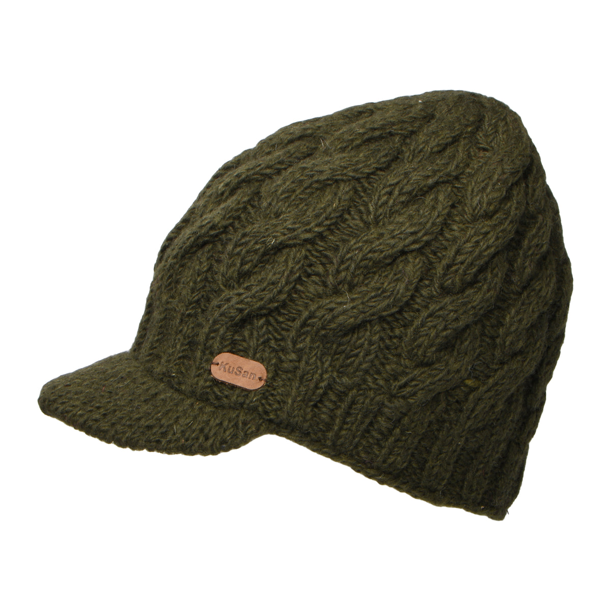 Kusan Cable Knit Peaked Beanie Hat - Olive