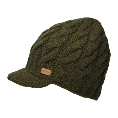 Kusan Cable Knit Peaked Beanie Hat - Olive