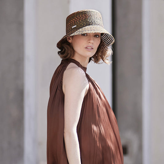 Seeberger Hats Toyo Straw Bucket Hat - Green-Orange