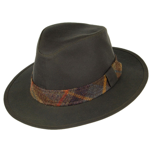 Failsworth Hats Drifter Wax Cotton Tartan Trim Fedora Hat - Olive