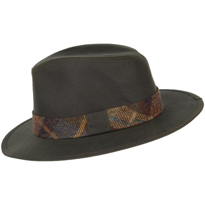 Failsworth Hats Drifter Wax Cotton Tartan Trim Fedora Hat - Olive