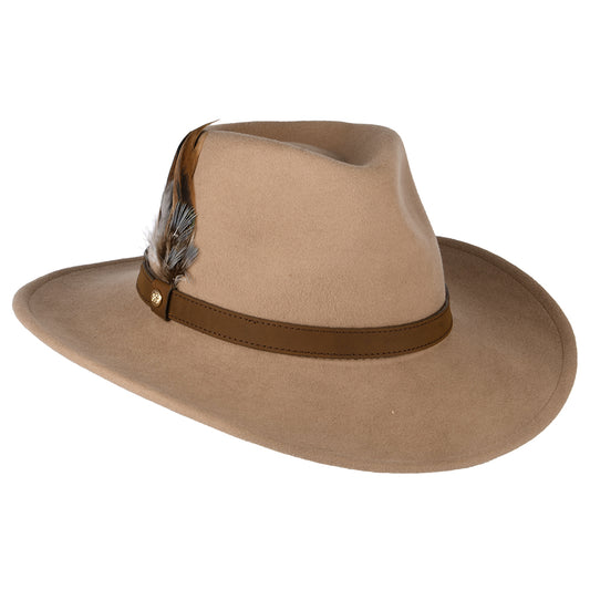 Failsworth Hats Showerproof Wool Felt Outback Hat With Feathers - Camel
