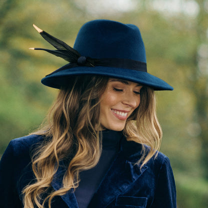 Failsworth Hats Showerproof Wool Felt Fedora Hat With Feather - Navy Blue