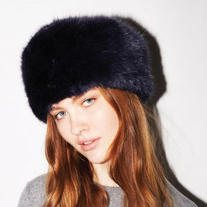 Helen Moore Womens Faux Fur Winter Pillbox Hat - Navy Blue