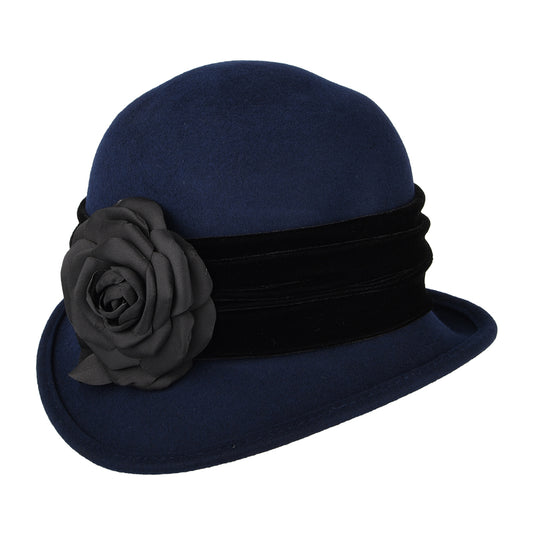 Scala Hats Wool Felt Cloche with Flower - Indigo