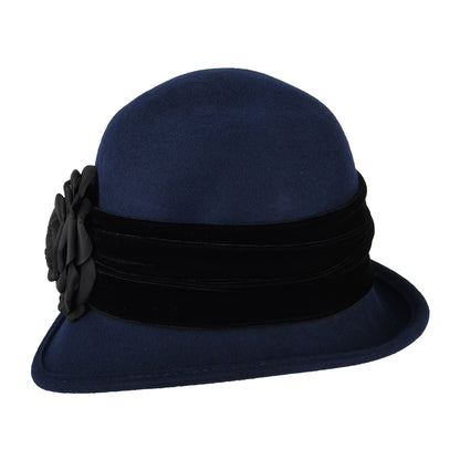 Scala Hats Wool Felt Cloche with Flower - Indigo
