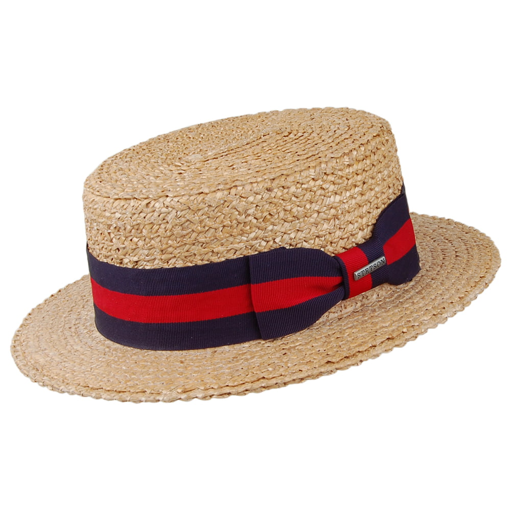 Stetson Hats Harlem Boater Hat with Blue and Red Band - Natural