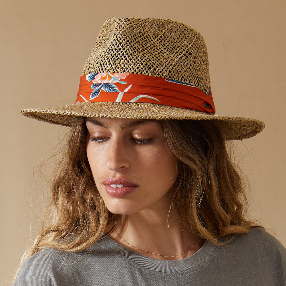 Brixton Hats Aloha Seagrass Straw Fedora Hat - Natural-Orange