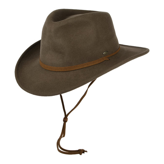 Scala Hats Crushable Water Repellent Wool Felt Outback Hat with Earflaps - Khaki