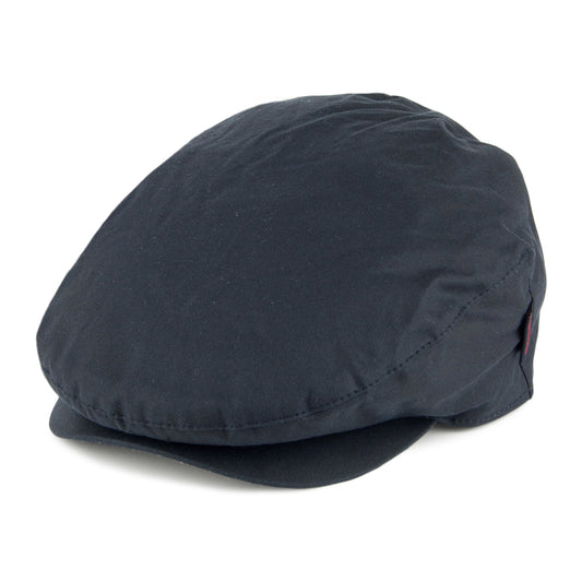 Barbour Hats Cheviot Waxed Cotton Flat Cap with Tartan Earflaps - Navy Blue