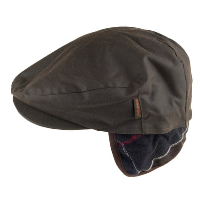 Barbour Hats Cheviot Waxed Cotton Flat Cap with Tartan Earflaps - Olive