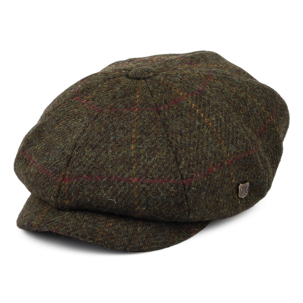 Failsworth Hats Carloway Windowpane Harris Tweed Newsboy Cap - Olive