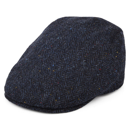 Failsworth Hats Harris Tweed Herringbone Oban Flat Cap with Earflaps - Navy Blue