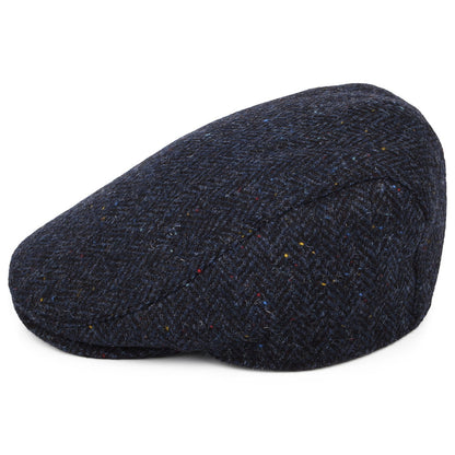 Failsworth Hats Harris Tweed Herringbone Oban Flat Cap with Earflaps - Navy Blue