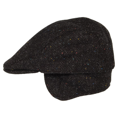 Failsworth Hats Harris Tweed Herringbone Oban Flat Cap with Earflaps - Charcoal