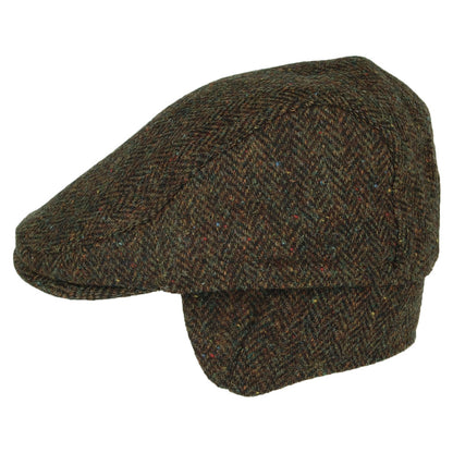 Failsworth Hats Harris Tweed Herringbone Oban Flat Cap with Earflaps - Olive