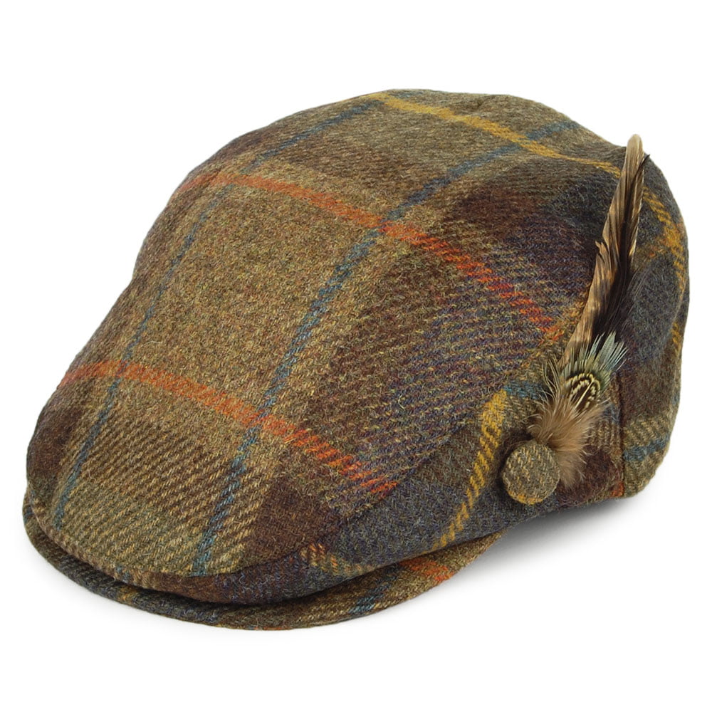 Failsworth Hats British Wool Tartan Feather Flat Cap - Olive-Multi