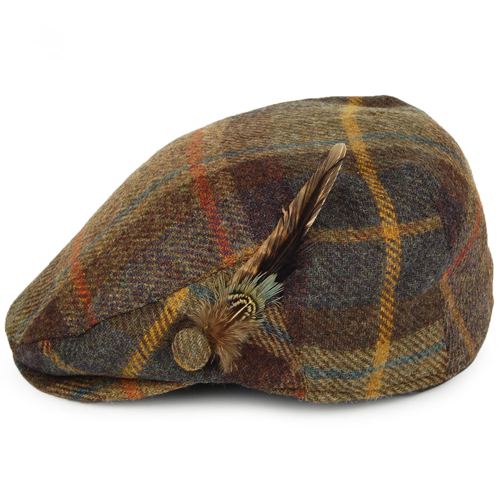 Failsworth Hats British Wool Tartan Feather Flat Cap - Olive-Multi