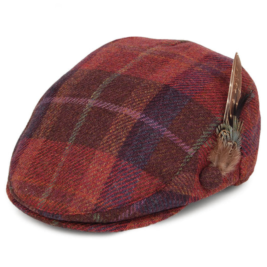 Failsworth Hats British Wool Tartan Feather Flat Cap - Burgundy