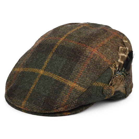 Failsworth Hats British Wool Tartan Feather Flat Cap - Green-Multi