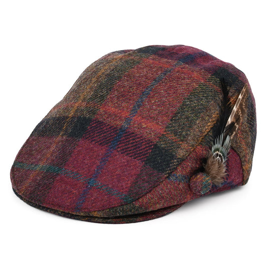 Failsworth Hats British Wool Tartan Feather Flat Cap - Pink Multi
